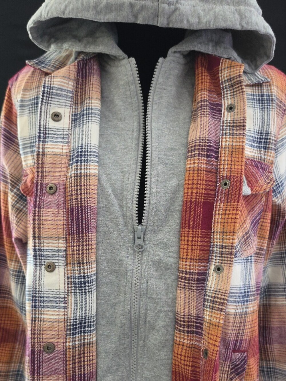 Natural Reflections Plaid Hooded Shirt Jacket - Red, Purple, Gray - Picture 10 of 15